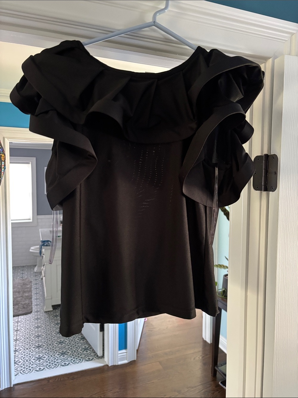 Womens Black Ruffle Off-Shoulder Top